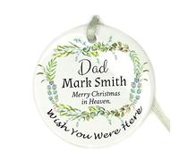 GuteGifts Personalised Memorial Christmas Ceramic Bauble Ornaments Plaque Mum Dad Bereavement Remembrance Gifts Xmas Tree Decoration-Merry Christmas In Heaven,Wish You Were Here