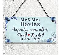 GuteGifts Personalised MR & MRS Wedding for Couples Wife Husband Floral Deisgn Plaque Home Decoration Custom Name & Date Door Hanging Sign-Happily Ever After
