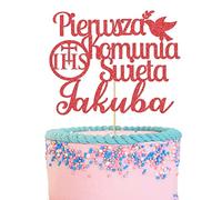 GuteGifts Personalised Pierwsza Komunia Swieta Cake Topper Polish First Holy Communion - Grail Cross Christening Baptism Confirmation 1st Communion Party Decor Multicolour Glitter (Red)