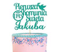 GuteGifts Personalised Pierwsza Komunia Swieta Cake Topper Polish First Holy Communion - Grail Cross Christening Baptism Confirmation 1st Communion Party Decor Multicolour Glitter (Turquoise green)