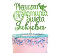 GuteGifts Personalised Pierwsza Komunia Swieta Cake Topper Polish First Holy Communion - Grail Cross Christening Baptism Confirmation 1st Communion Party Decor Multicolour Glitter (Green)