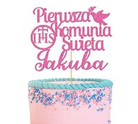 GuteGifts Personalised Pierwsza Komunia Swieta Cake Topper Polish First Holy Communion - Grail Cross Christening Baptism Confirmation 1st Communion Party Decor Multicolour Glitter (Hot Pink)