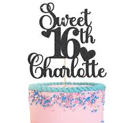 GuteGifts Personalised Sweet 16 Cake Toppers Lovely 16 Birthday Party Decorations | Custom with Any Name Any Age | Multicolour Glitter 13th 16th 18th 21st 30th (Black)