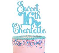 GuteGifts Personalised Sweet 16 Cake Toppers Lovely 16 Birthday Party Decorations | Custom with Any Name Any Age | Multicolour Glitter 13th 16th 18th 21st 30th (Ocean blue)