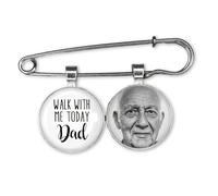 GuteGifts Personalised Wedding Bouquet Photo Bridal Charm with Lapel Pin Bride Remembering the Father of Bride Boutonniere Custom Memory Memorial Keepsake with Quote - Dad Walk With Me (White)