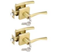 GUTENKONB 2 Pack Gold Door Handles Interior, Keyed Alike Entry Door Lock, Modern Square Lever Door Handle for Entrance, Reversible for Left/Right Doors, Satin Brass Finish