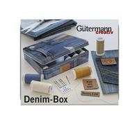 Gütermann creativ Denim Box of 12 spools of Professional Denim Thread 100 m, 5 Schmetz Jeans Sewing Machine Needles and 3 Dortex Faux Leather Labels. Storage tin in Cool Denim Look