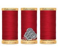Gutermann Natural Cotton Thread 50wt (274yd/250m Each) 3-Pack Bundle with 3 Bella's Crafts Needle Threaders (4880 Red)