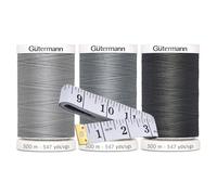 Gutermann Sew-All Thread (500m/547yd Each), 3-Pack Bundle with Bella's Crafts Soft Tape Measure (Grey Mix)