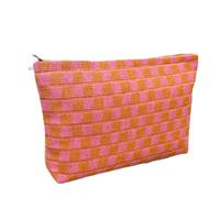 GUTGNK Checkered Makeup Bag For Women - Pink Orange Cosmetic Bags Travel Toiletry Bag Large Capacity Canvas Storage Bag Aesthetically Designed Tote Bag Cute Pencil Case, Pink Orange