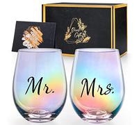 Gutsdoor Mr and Mrs Wine Glasses Set of 2 Iridescent Wine Glasses Stemless, 18.5 Oz Rainbow Couples Engagement Gifts Wedding Gifts for Him and Her
