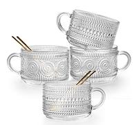 Gutsdoor Vintage Glass Coffee Mugs Set of 4, 14 Oz Clear Embossed Glass Coffee Cups, Stackable Breakfast Cups with Gold Spoon for Cereal, Latte, Tea, Beverages (2*Flower+2*Beads)