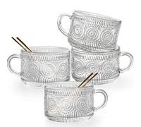 Gutsdoor Vintage Glass Coffee Mugs Set of 4, 14 Oz Clear Embossed Glass Coffee Cups, Stackable Breakfast Cups with Gold Spoon for Cereal, Latte, Tea, Beverages (Sunflower*4).