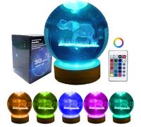 Gutsyluv 3D Crystal Ball Night Light with 16 Color LED Wooden Base with Remote, 3.15 Inch K9 Crystal Ball Night Light,3D Laser Engraving Holographic Lamp (Elephant)