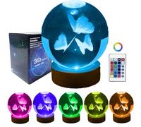 Gutsyluv 3D Crystal Ball Night Light with 16 Color LED Wooden Base with Remote, 3.15 Inch K9 Crystal Ball Night Light,3D Laser Engraving Holographic Lamp (Butterfly)