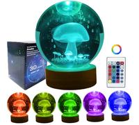 Gutsyluv 3D Crystal Ball Night Light with 16 Color LED Wooden Base with Remote, 3.15 Inch K9 Crystal Ball Night Light,3D Laser Engraving Holographic Lamp(Mushroom)