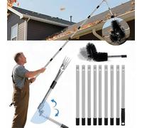 Gutter Cleaner, 4 m Adjustable Gutter Cleaner, Telescopic Handle with 180° Swivel Head & Replaceable Brush, 10-Piece Leaf Cleaning Tool - No Ladder Required