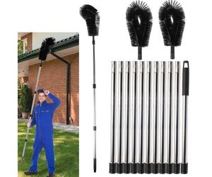 Gutter Cleaning, 14 FT Adjustable Telescopic Gutter Cleaning Tools With 2 brush heads, hedgehog gutter brush for Leaves Debris Window Web