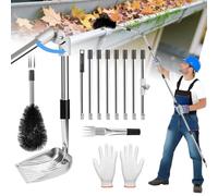 Gutter Cleaning Tools, 4M Telescopic Roof Gutter Cleaning Tools Kit with Adjustable Angle Pole & Gutter Brush, Gutter Scoop for Garden, Ditch, Villas, Townhouses Standard Gutters, Remove Leaves Debris