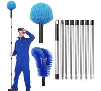Gutter Cleaning Tools 8 feet, Telescopic Roof Cleaner with Round Brush and Curved Brush 2-in-1 Eaves Cleaning Brushes with 8 Poles for Ceiling Leaves Eaves Spider Webs Dust, Blue