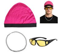 Guttiuaa 3 Pcs 90s Rapper Fancy Costume Set, Hat, Cool Necklace and Glasses | Halloween Carnival Party Outfit Accessories