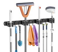 GUUKAR Mop Broom Holder Wall Mount, Black Stainless Steel Tool Storage Organizer for Kitchen Garden Garage Laundry Room Bathroom and RV with 4 Slots 6 Hooks
