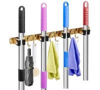 GUUKAR Mop Broom Holder Wall Mount, Gold Stainless Steel Tool Storage Organizer for Kitchen Garden Garage Laundry Room Bathroom and RV with 4 Slots 6 Hooks