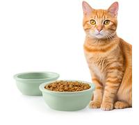 GUUSII HOME 2PCS Cat Bowls Food and Water Dish 14cm Ceramic Replacement Bowl 360ml Kitten Puppy Pet Rabbit & Guinea Pig Dishes for Drinking and Feeding Dishwasher & Microwave Safe Easy to Clean(Green)
