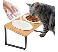 GUUSII HOME Raised Cat Food Bowl Elevated Kitty Dish 2 Ceramic Bowls Dia 14cm Bamboo Stand 15°Tilted Anti Vomiting Indoor Cats Double Dishes Feeding Station Kitten Puppy Easy to Assemble & Clean