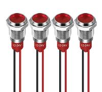 GUUZI 10mm LED Indicator Light 12-24V Waterproof Signal Light Metal Panel LED Indicator Signal Light Panel Mount Flat Head with Wires Silver Shell (Red, 4Pcs)