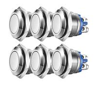 GUUZI 6pcs 16mm Momentary Push Button 3A/250VAC; 5A/12V DC Waterproof Power Pushbutton Small Round Chrome Stainless Metal 2pin N/O(Flat Head)