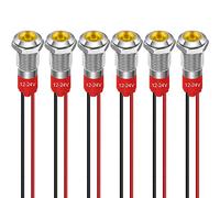 GUUZI 8mm LED Indicator Light 12-24V Waterproof Signal Light Metal Panel LED Indicator Signal Light Panel Mount Flat Head with Wires Silver Shell (Yellow, 6Pcs)