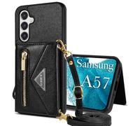GUVAGI For Mobile Phone Case Samsung Galaxy A57 5G Case with Strap, Mobile Phone Chain, 4-Card Leather Foldable Flip Zip Mobile Phone Case Girls Case with Removable Chain Cord Bag Back Shoulder (Black