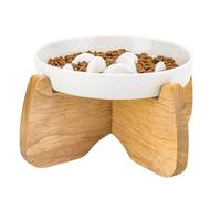 GUWINA Elevated Slow Feeder Cat Bowl 6.3'' Wide, Ceramic Raised Shallow Slow Eating Cat Bowl with Stand, Anti-Vomiting Pet Puzzle Feeder for Dry/Wet Food, Whisker Friendly, Dishwasher Safe (White)