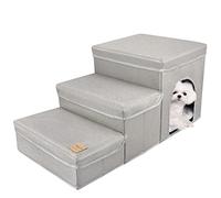 GUWINA Pet Dog Stairs, Foldable 3 Tiers Steps Dog Steps for High Bed & Sofa, Multi Use Small Dog Ramp with Storage Box & Condo for Small Medium Large Dogs Cats Puppy Doggie(Grey)