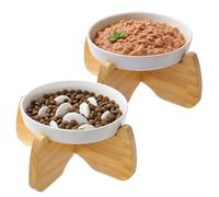 GUWINA Raised Ceramic Cat Bowls, 6.3'' Flat & Slow Feeder Bowl, Wide Elevated Shallow Slow Eating Cat Bowl for Dry/Wet Food, Anti-Vomiting Pet Puzzle Feeder, Whisker Friendly, Dishwasher Safe (2 Pack)