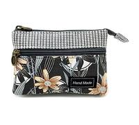 GUXL Women Small Zipper Coin Purse, Handmade Fabric Flower Embroidered Change Pouch, Cotton Double Zipper Wallet, Gray, 3.5"x4.8", 206