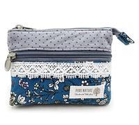 GUXL Women Small Zipper Coin Purse, Handmade Fabric Flower Embroidered Change Pouch, Cotton Double Zipper Wallet, Grayblue, 3.5"x4.8", 206