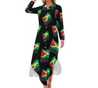 Guyana Flag Guyanese Casual Summer Dresses for Women Long Sleeve Shirt Dress V Neck Button Blouses L