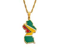 Guyana Map Colorful Enamel Flag Pendant Necklaces - Charm Chic Ethnic Necklets Novelty Hip Hop Clavicle Chain, Retro Patriotic Jewellery Costume Accessories Man Woman Gift,45Cm/17.7 Inch Chain