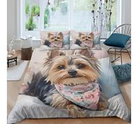 GUYDZOOM 3D Design Comfy Microfibre Cute Yorkshire Terrier Quilt Cover All Season Bedding Sets with Pillow Cases Painting Artwork Duvet Cover Easy Care Machine Washable for Couples Single（135x200cm）
