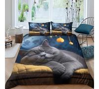 GUYDZOOM 3D Print All Season Microfiber Sleeping cat Comforter Cover Easy Care Bedding Set w/Pillowcase Cozy night scene Quilt Cover Set Breathable for Kids Teens Boys Girls Single（135x200cm）