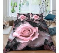 GUYDZOOM 3D Super Soft Microfiber PinkRoseBloom Duvet Cover Easy Care Bedding Set w/Pillowcase FantasyButterflyArt Quilt Cover Sets All Season Breathable for Home Decoration Single（140x200cm）