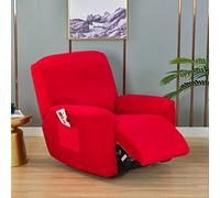 GUYIRT Recliner Chair Cover, 4 Pieces Velvet Single Seat Armchair Cover Non-slip Relaxing Chair Cover Thick Soft Furniture Protector with Side Pocket-red