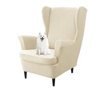 GUYIRT Solid Color Wingback Chair Covers Velvet, Wing Chair 2 Piece Cover, Non Slip Armchair Covers, for Living Room, Bedroom, Office (beige)