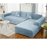 GUYIRT Super Stretch Sofa Cover L Shape Velvet Plush Sofa Slipcovers Sectional Couch Covers with Elastic Bottom Furniture Protector for Living Room -light blue-2 Seater+2 Seater