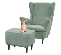 GUYIRT Wingback Chair and Ottoman Cover Set, Wing Chair Cover with Arms 2 Piece and Footstool Covers Slipcover Rectangle for Living Room (green)