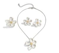 GUYOSWXNM Chunky Flower Jewelry Set,Vintage Plated Gold Floral Necklace Earrings Rings,Aesthetic Geometric Flower Necklace Earrings Set for Women Ladies (Silver)