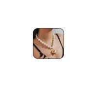 GUYOSWXNM Chunky Pearl Heart Necklace for Women Y2K Gold Heart Pendant Necklace Silver Puffy Choker Clavicle chain Statement Large Pearl choker Thick Fashion Jewelry Accessories (gold)