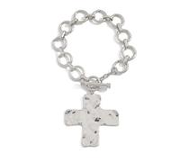 GUYOSWXNM Exaggerated Hammered Cross Bracelets,Vintage Plated Gold Chunky Crucifix OT Clasp Bangle,Aesthetic Big Cross Toggle Statement Bangle for Baptism (Silver)